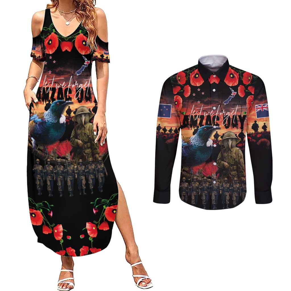 New Zealand ANZAC Day Couples Matching Summer Maxi Dress and Long Sleeve Button Shirt Tui Bird and Kiwi Bird Soldier - Forever in My Thoughts