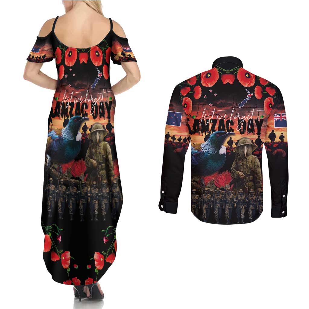 New Zealand ANZAC Day Couples Matching Summer Maxi Dress and Long Sleeve Button Shirt Tui Bird and Kiwi Bird Soldier - Forever in My Thoughts