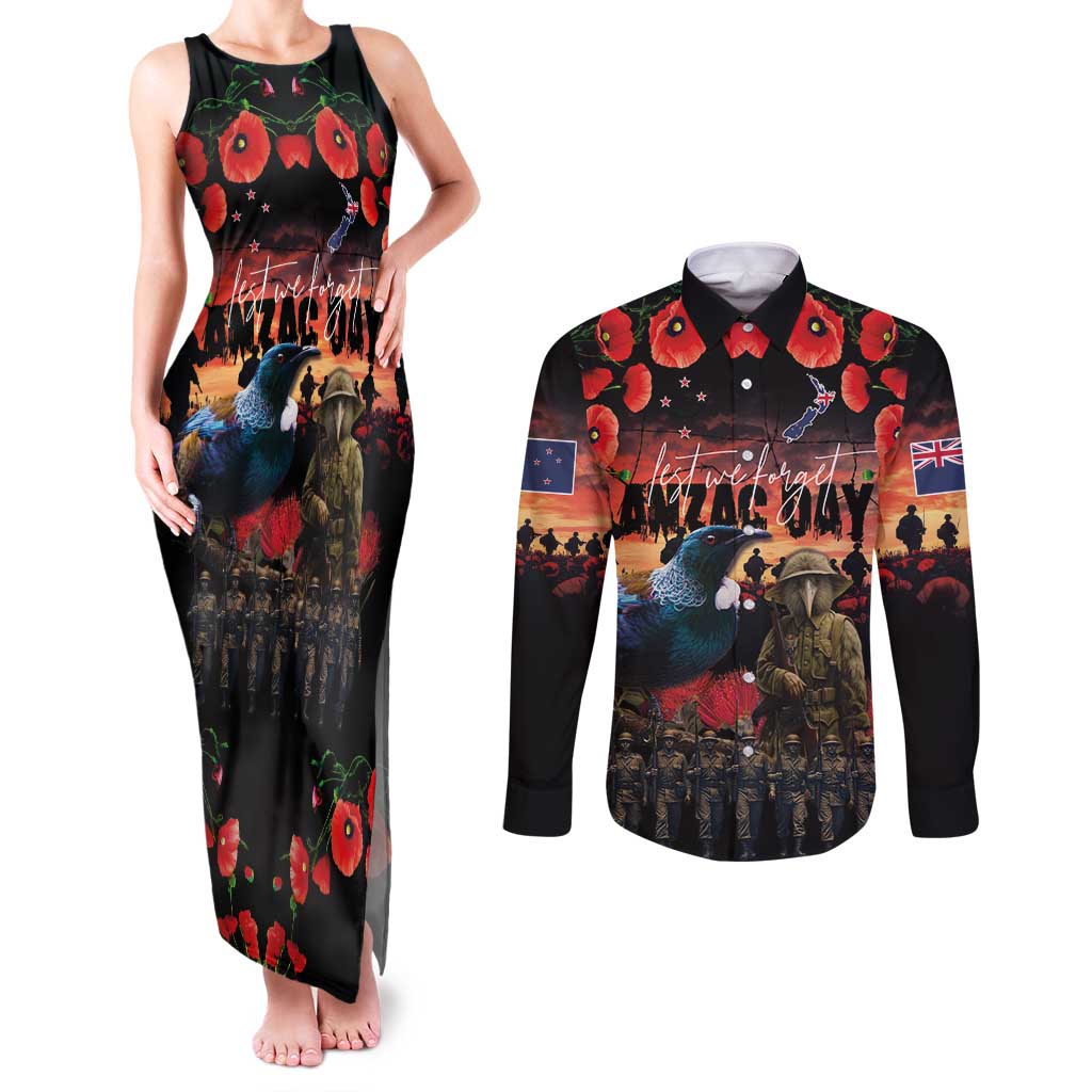 New Zealand ANZAC Day Couples Matching Tank Maxi Dress and Long Sleeve Button Shirt Tui Bird and Kiwi Bird Soldier - Forever in My Thoughts