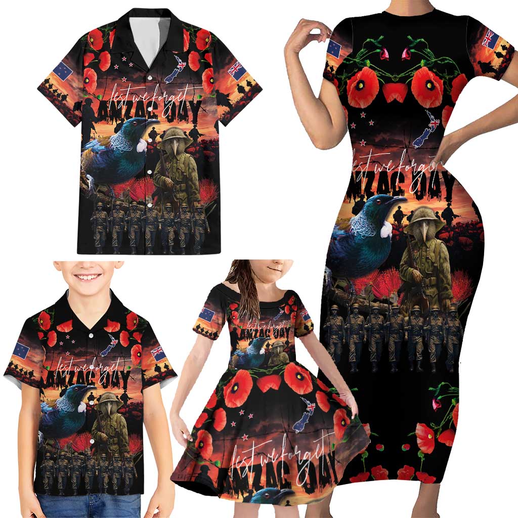 New Zealand ANZAC Day Family Matching Short Sleeve Bodycon Dress and Hawaiian Shirt Tui Bird and Kiwi Bird Soldier - Forever in My Thoughts