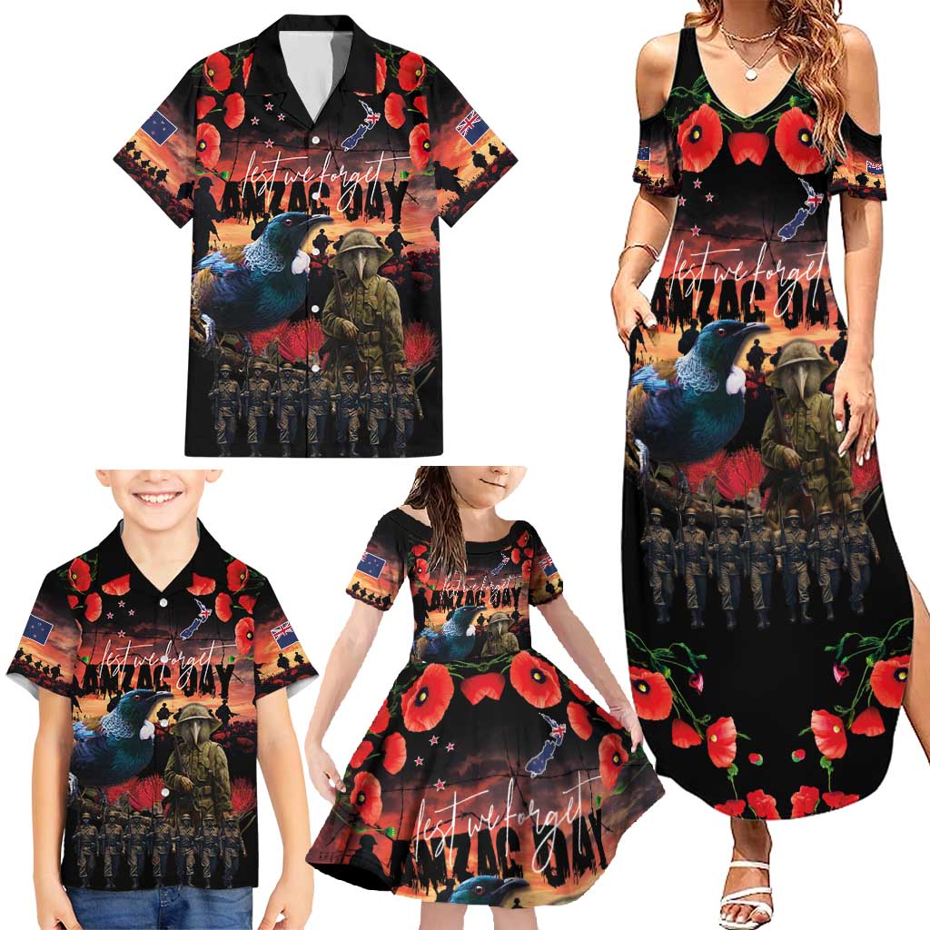 New Zealand ANZAC Day Family Matching Summer Maxi Dress and Hawaiian Shirt Tui Bird and Kiwi Bird Soldier - Forever in My Thoughts