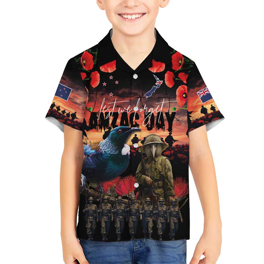 New Zealand ANZAC Day Kid Hawaiian Shirt Tui Bird and Kiwi Bird Soldier - Forever in My Thoughts