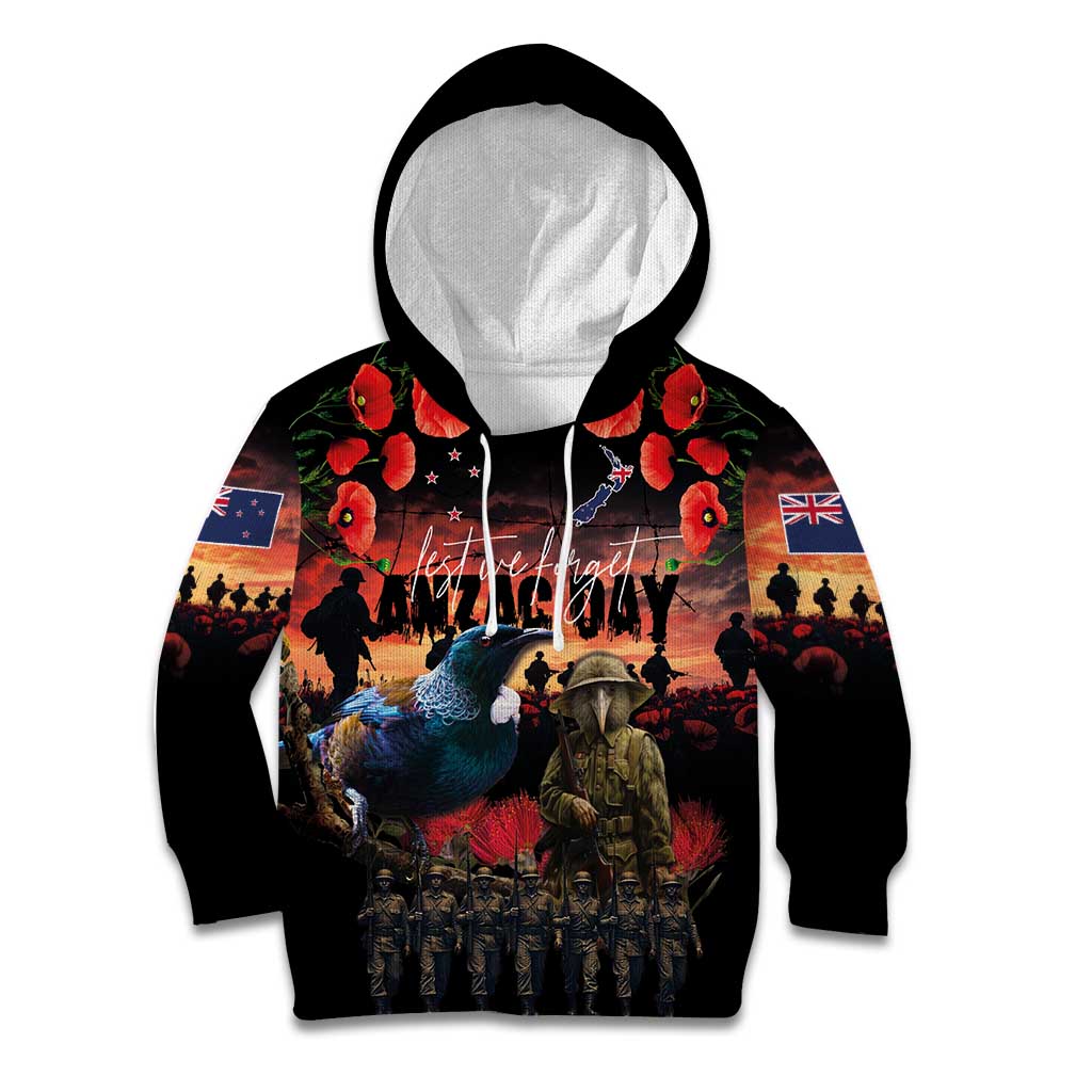 New Zealand ANZAC Day Kid Hoodie Tui Bird and Kiwi Bird Soldier - Forever in My Thoughts