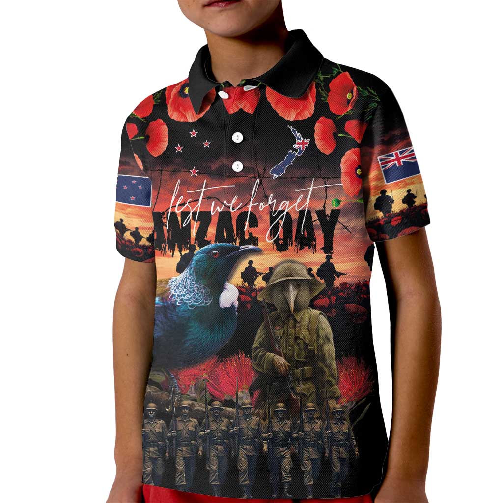 New Zealand ANZAC Day Kid Polo Shirt Tui Bird and Kiwi Bird Soldier - Forever in My Thoughts