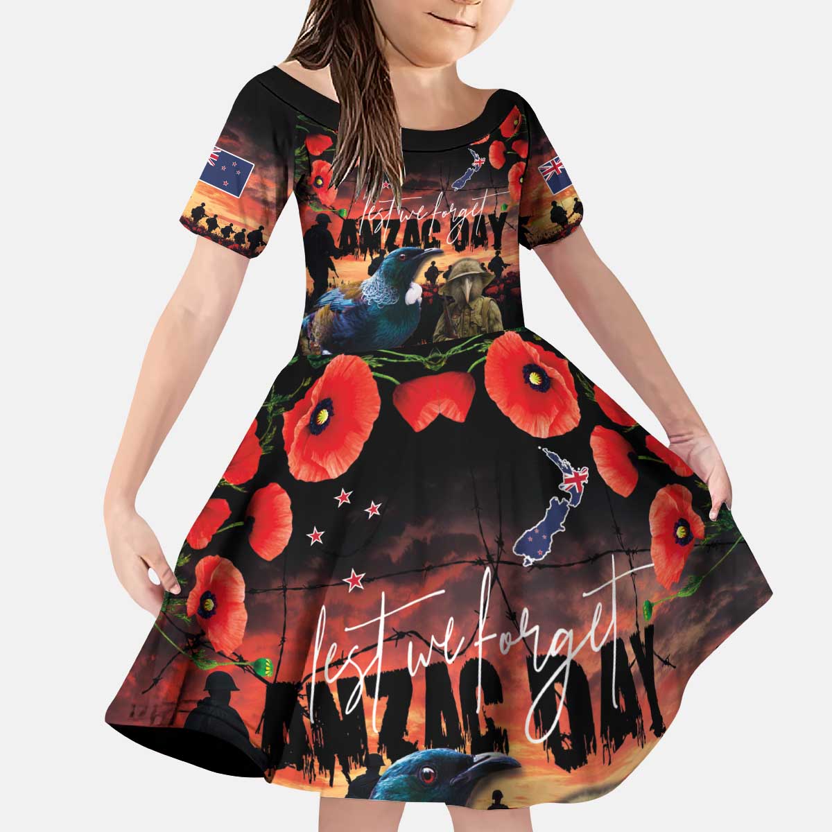 New Zealand ANZAC Day Kid Short Sleeve Dress Tui Bird and Kiwi Bird Soldier - Forever in My Thoughts