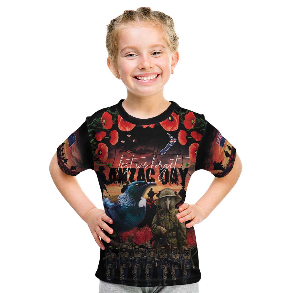 New Zealand ANZAC Day Kid T Shirt Tui Bird and Kiwi Bird Soldier - Forever in My Thoughts