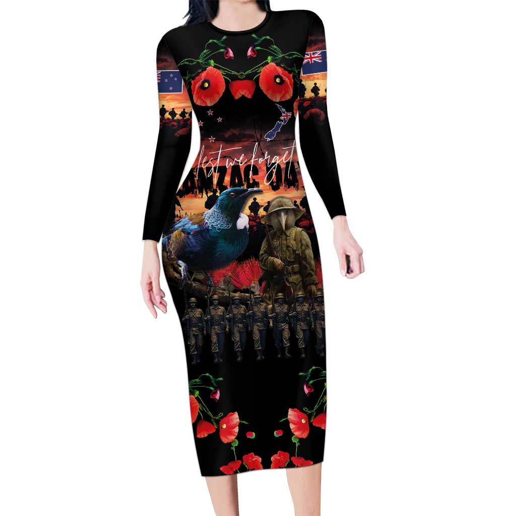 New Zealand ANZAC Day Long Sleeve Bodycon Dress Tui Bird and Kiwi Bird Soldier - Forever in My Thoughts