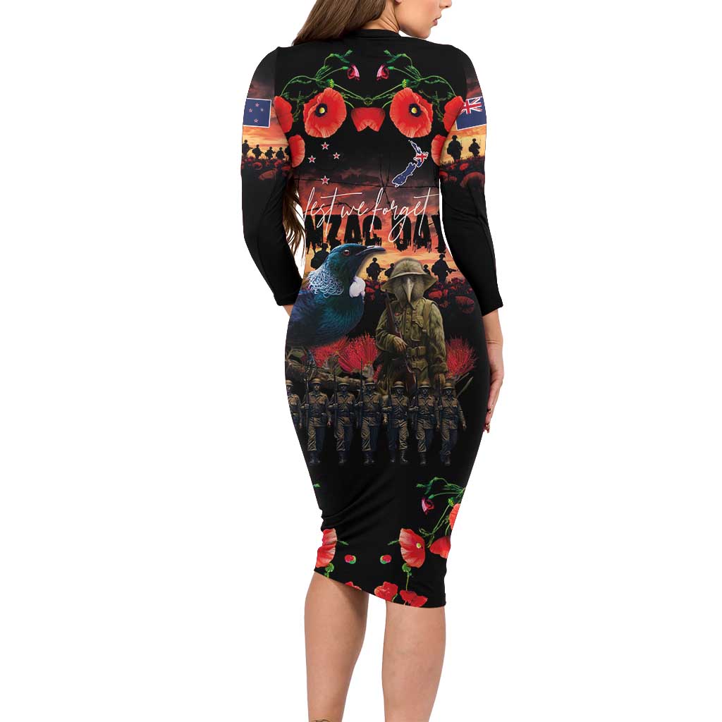 New Zealand ANZAC Day Long Sleeve Bodycon Dress Tui Bird and Kiwi Bird Soldier - Forever in My Thoughts