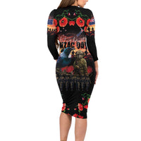 New Zealand ANZAC Day Long Sleeve Bodycon Dress Tui Bird and Kiwi Bird Soldier - Forever in My Thoughts