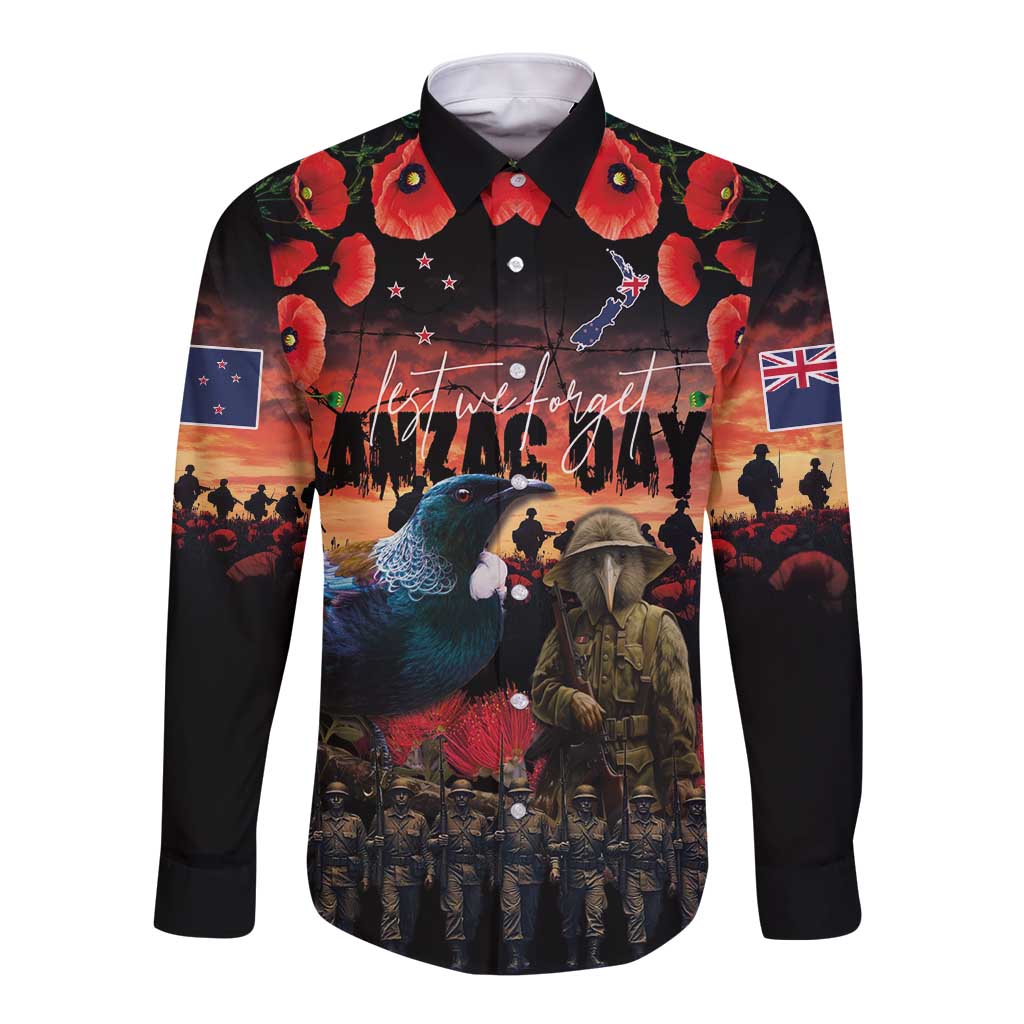 New Zealand ANZAC Day Long Sleeve Button Shirt Tui Bird and Kiwi Bird Soldier - Forever in My Thoughts