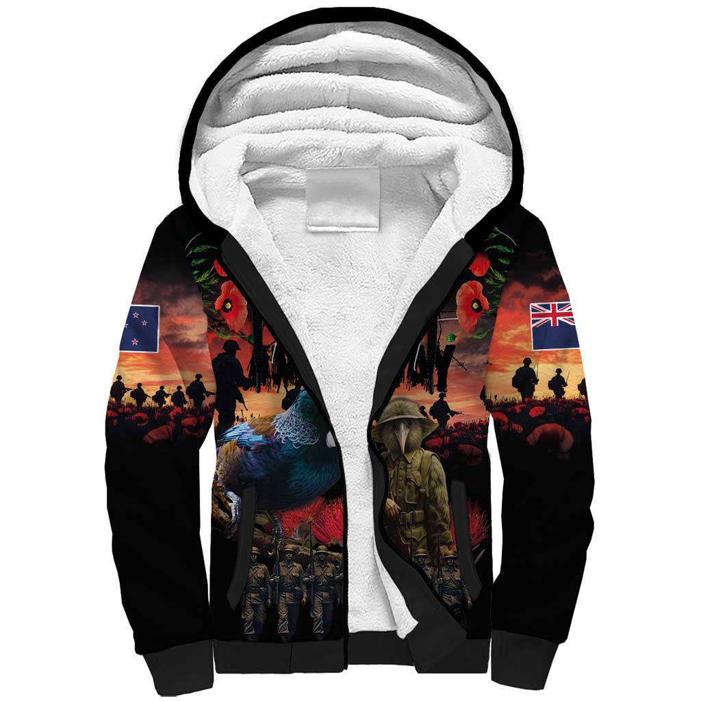 New Zealand ANZAC Day Sherpa Hoodie Tui Bird and Kiwi Bird Soldier - Forever in My Thoughts