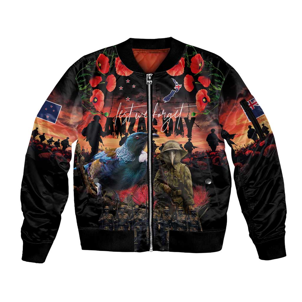 New Zealand ANZAC Day Sleeve Zip Bomber Jacket Tui Bird and Kiwi Bird Soldier - Forever in My Thoughts