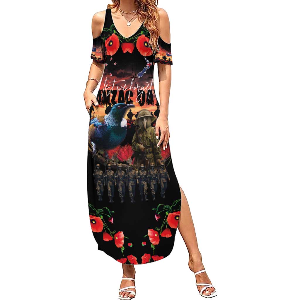 New Zealand ANZAC Day Summer Maxi Dress Tui Bird and Kiwi Bird Soldier - Forever in My Thoughts