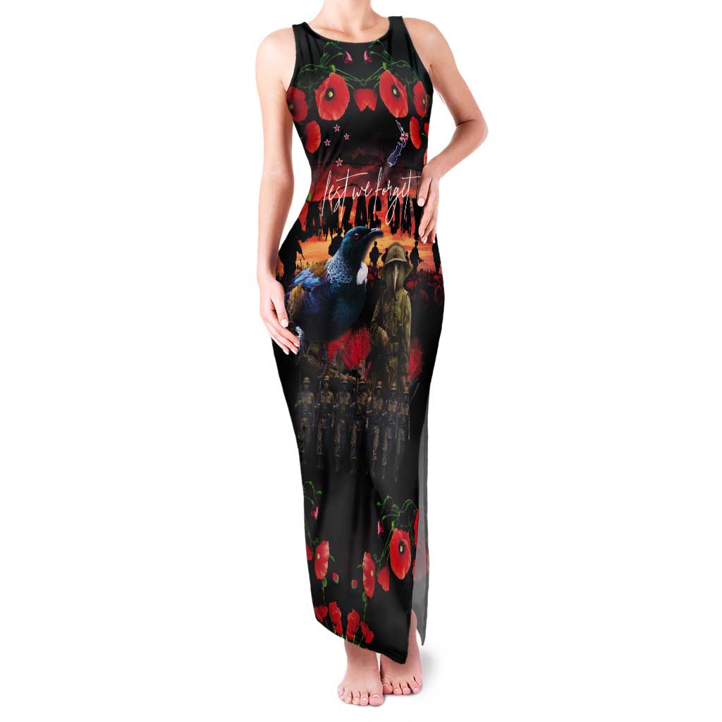 New Zealand ANZAC Day Tank Maxi Dress Tui Bird and Kiwi Bird Soldier - Forever in My Thoughts