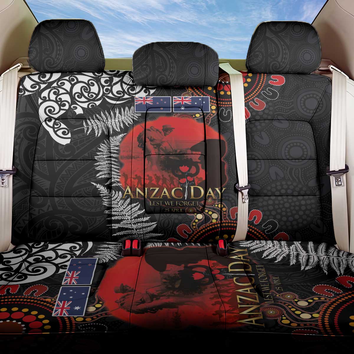 Australia and New Zealand ANZAC Day Back Car Seat Cover Aboriginal and Maori Art Pattern - Gallipoli Lest We Forget