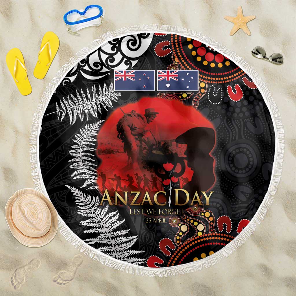 Australia and New Zealand ANZAC Day Beach Blanket Aboriginal and Maori Art Pattern - Gallipoli Lest We Forget LT03 One Size 150cm Black - Polynesian Pride