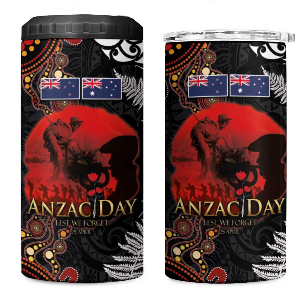 Australia and New Zealand ANZAC Day 4 in 1 Can Cooler Tumbler Aboriginal and Maori Art Pattern Gallipoli Lest We Forget