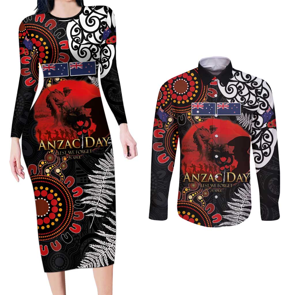 Australia and New Zealand ANZAC Day Couples Matching Long Sleeve Bodycon Dress and Long Sleeve Button Shirt Aboriginal and Maori Art Pattern - Gallipoli Lest We Forget LT03 Black - Polynesian Pride