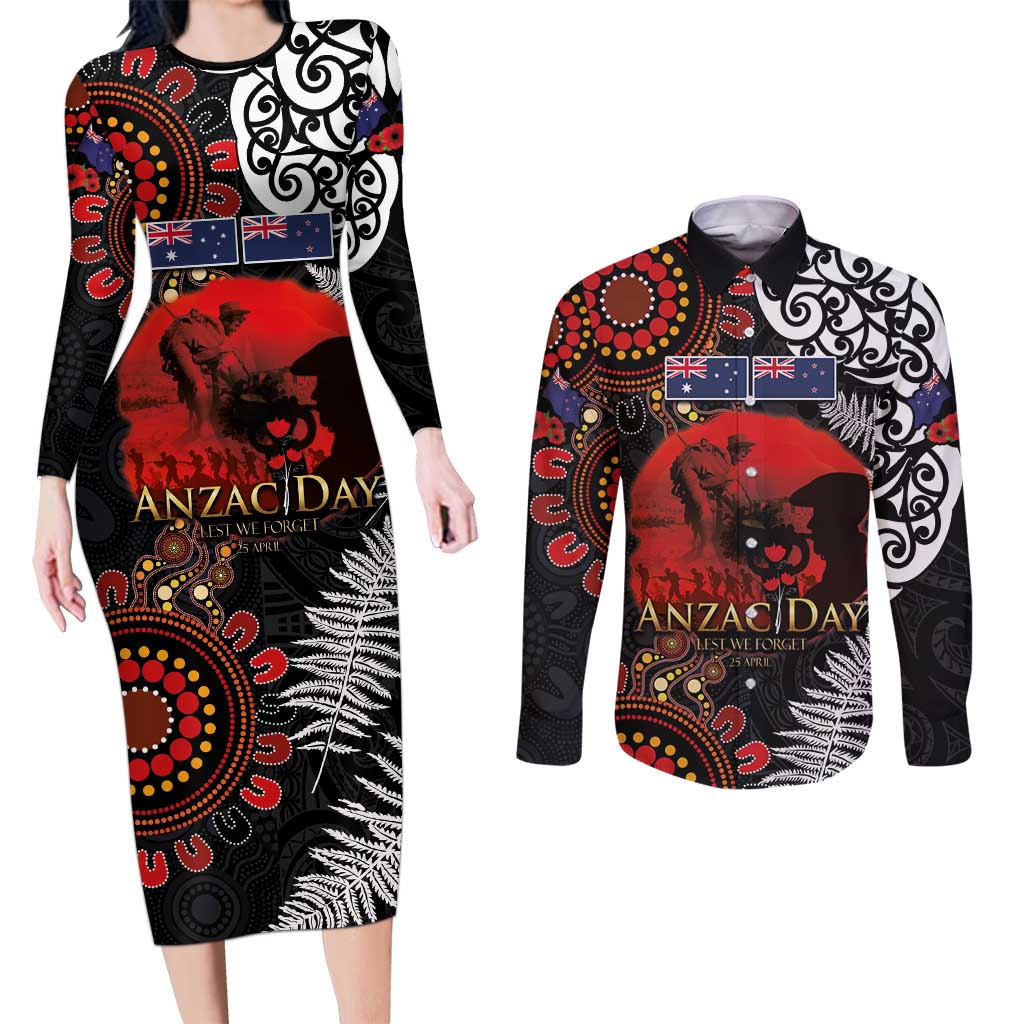 Australia and New Zealand ANZAC Day Couples Matching Long Sleeve Bodycon Dress and Long Sleeve Button Shirt Aboriginal and Maori Art Pattern - Gallipoli Lest We Forget