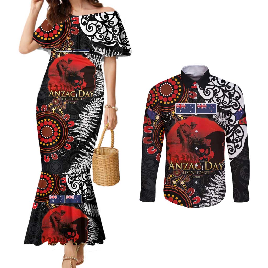 Australia and New Zealand ANZAC Day Couples Matching Mermaid Dress and Long Sleeve Button Shirt Aboriginal and Maori Art Pattern - Gallipoli Lest We Forget