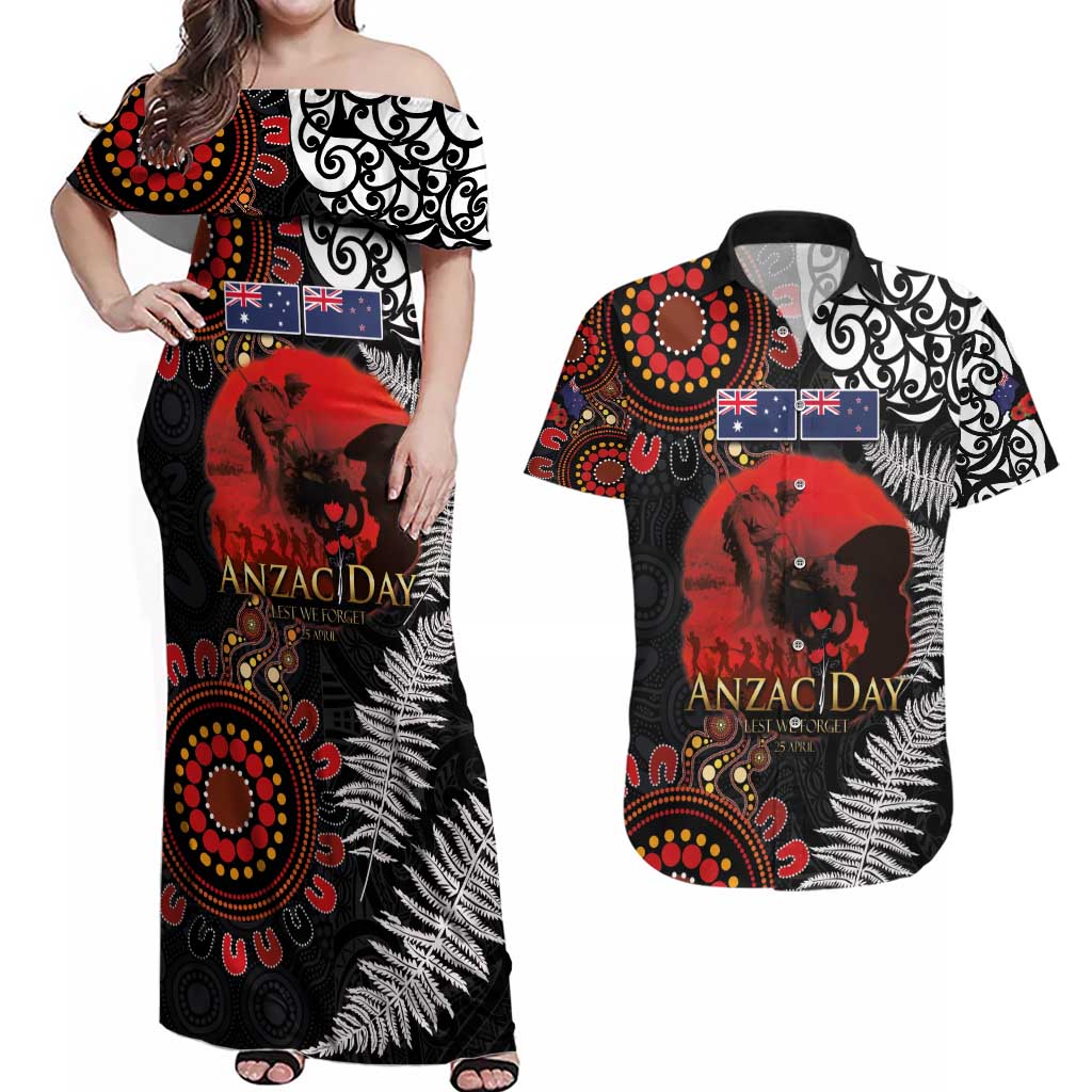 Australia and New Zealand ANZAC Day Couples Matching Off Shoulder Maxi Dress and Hawaiian Shirt Aboriginal and Maori Art Pattern - Gallipoli Lest We Forget