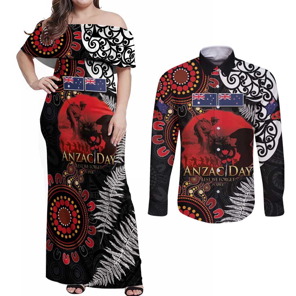 Australia and New Zealand ANZAC Day Couples Matching Off Shoulder Maxi Dress and Long Sleeve Button Shirt Aboriginal and Maori Art Pattern - Gallipoli Lest We Forget