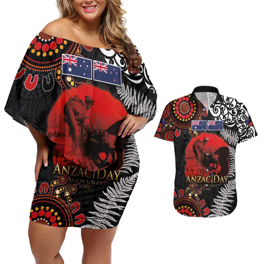 Australia and New Zealand ANZAC Day Couples Matching Off Shoulder Short Dress and Hawaiian Shirt Aboriginal and Maori Art Pattern - Gallipoli Lest We Forget