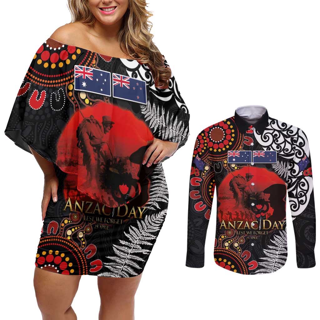 Australia and New Zealand ANZAC Day Couples Matching Off Shoulder Short Dress and Long Sleeve Button Shirt Aboriginal and Maori Art Pattern - Gallipoli Lest We Forget LT03 Black - Polynesian Pride