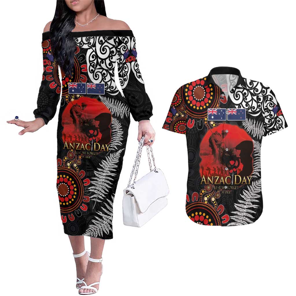 Australia and New Zealand ANZAC Day Couples Matching Off The Shoulder Long Sleeve Dress and Hawaiian Shirt Aboriginal and Maori Art Pattern - Gallipoli Lest We Forget LT03 Black - Polynesian Pride