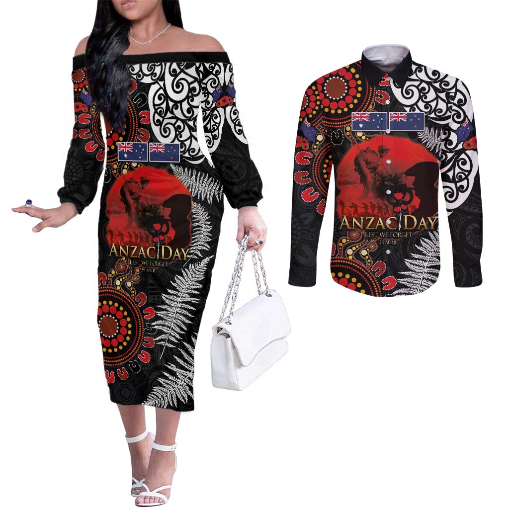 Australia and New Zealand ANZAC Day Couples Matching Off The Shoulder Long Sleeve Dress and Long Sleeve Button Shirt Aboriginal and Maori Art Pattern - Gallipoli Lest We Forget