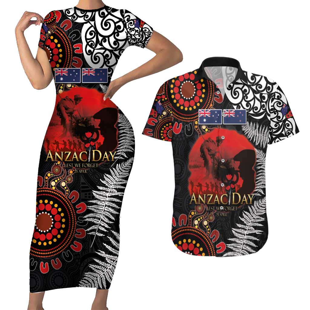 Australia and New Zealand ANZAC Day Couples Matching Short Sleeve Bodycon Dress and Hawaiian Shirt Aboriginal and Maori Art Pattern - Gallipoli Lest We Forget LT03 Black - Polynesian Pride