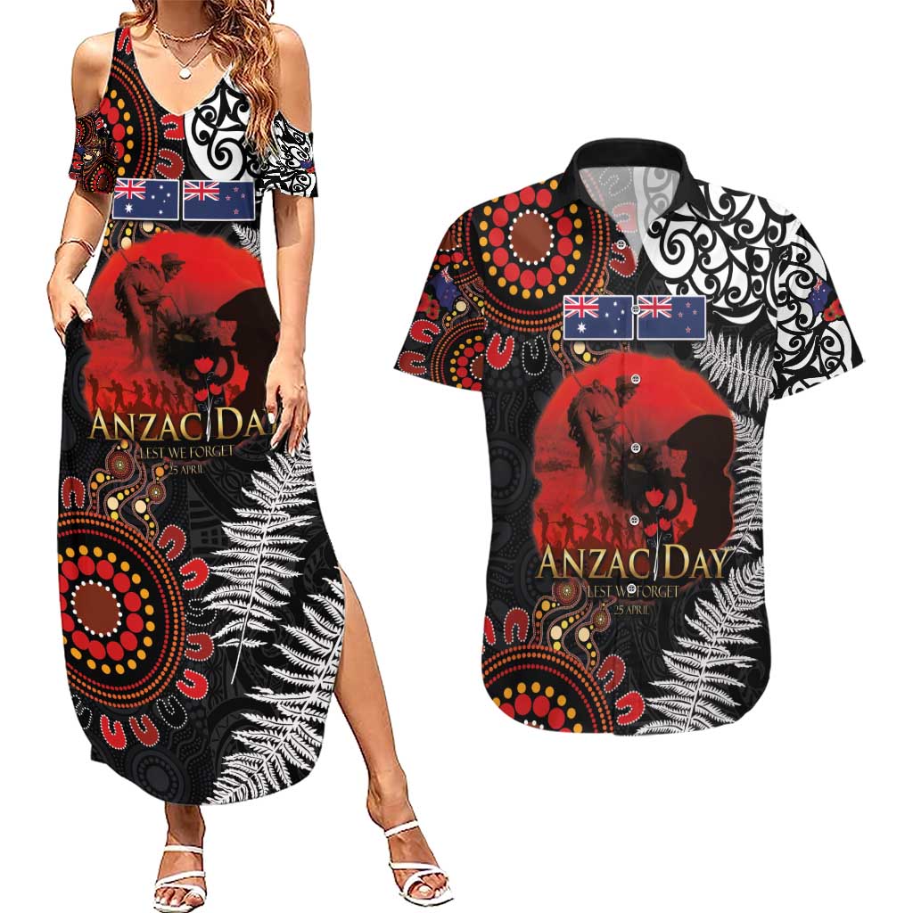 Australia and New Zealand ANZAC Day Couples Matching Summer Maxi Dress and Hawaiian Shirt Aboriginal and Maori Art Pattern - Gallipoli Lest We Forget