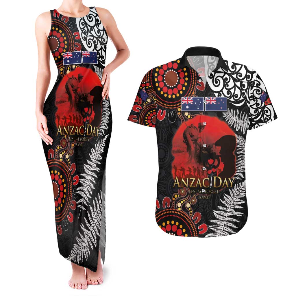 Australia and New Zealand ANZAC Day Couples Matching Tank Maxi Dress and Hawaiian Shirt Aboriginal and Maori Art Pattern - Gallipoli Lest We Forget LT03 Black - Polynesian Pride