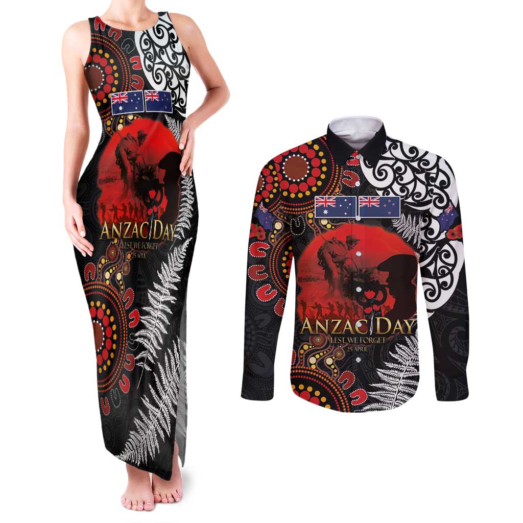 Australia and New Zealand ANZAC Day Couples Matching Tank Maxi Dress and Long Sleeve Button Shirt Aboriginal and Maori Art Pattern - Gallipoli Lest We Forget