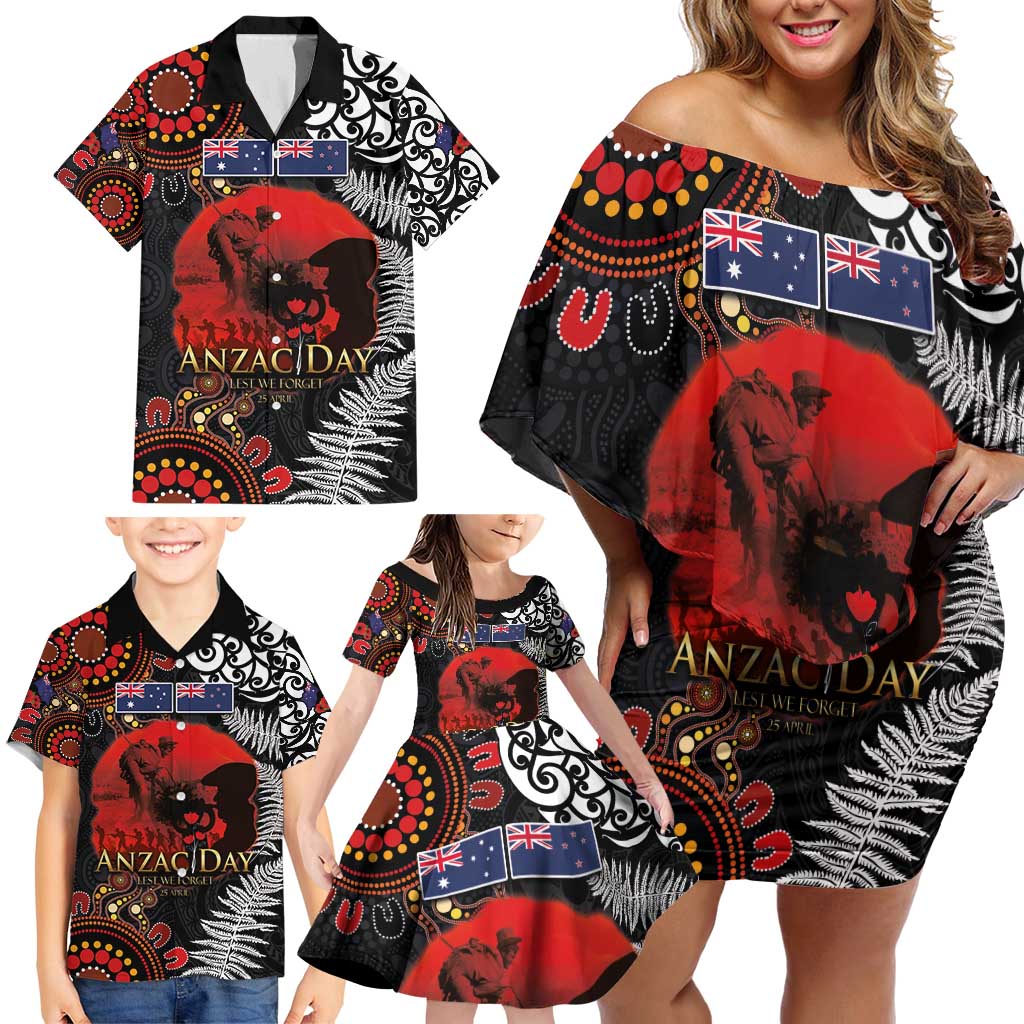 Australia and New Zealand ANZAC Day Family Matching Off Shoulder Short Dress and Hawaiian Shirt Aboriginal and Maori Art Pattern - Gallipoli Lest We Forget