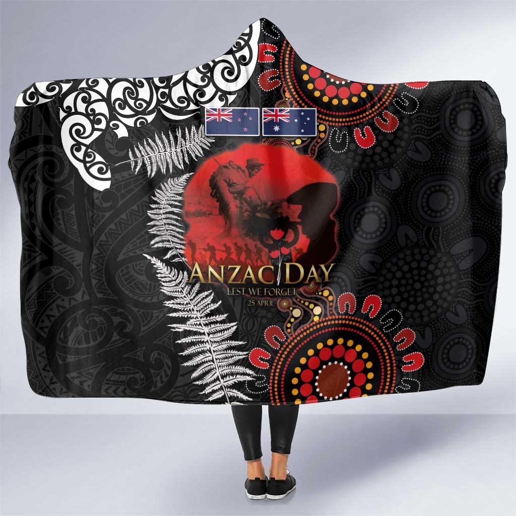 Australia and New Zealand ANZAC Day Hooded Blanket Aboriginal and Maori Art Pattern - Gallipoli Lest We Forget LT03 One Size Black - Polynesian Pride
