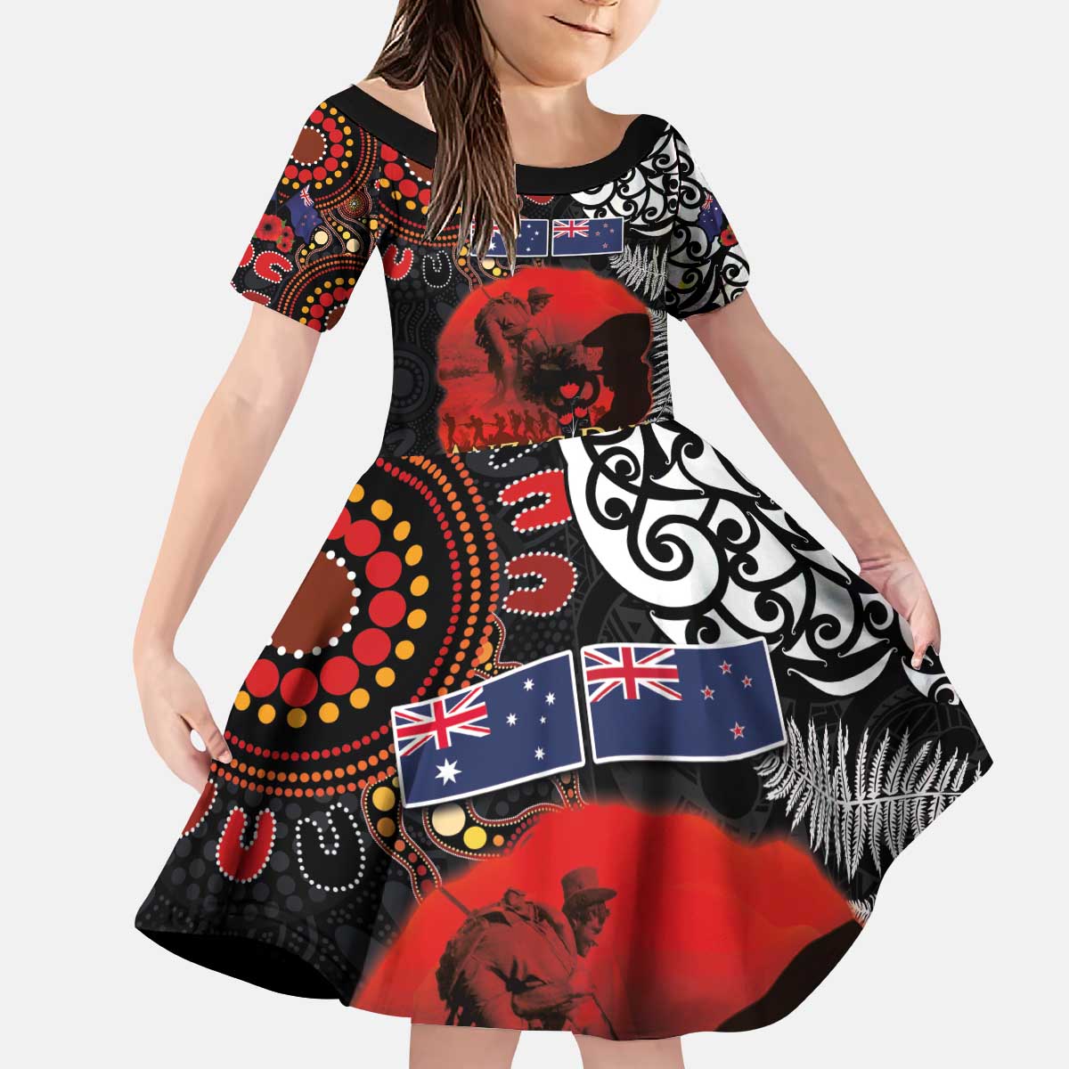 Australia and New Zealand ANZAC Day Kid Short Sleeve Dress Aboriginal and Maori Art Pattern - Gallipoli Lest We Forget