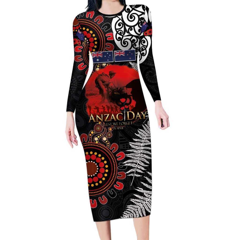 Australia and New Zealand ANZAC Day Long Sleeve Bodycon Dress Aboriginal and Maori Art Pattern - Gallipoli Lest We Forget