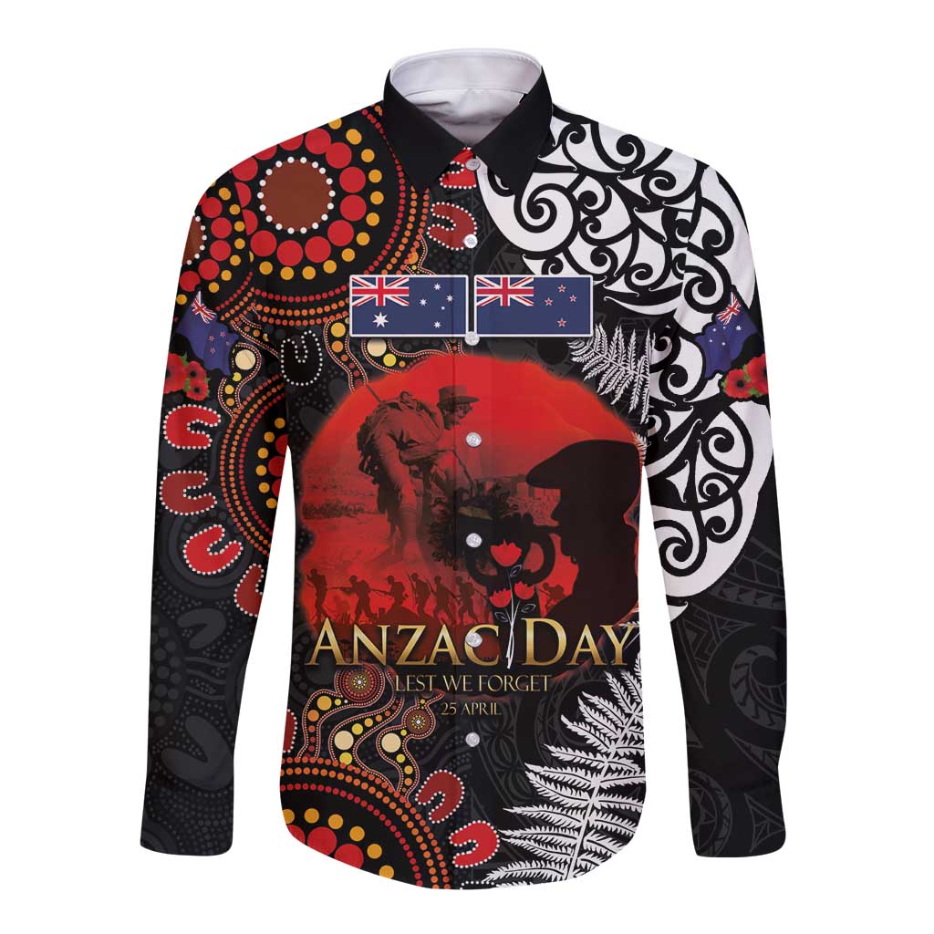 Australia and New Zealand ANZAC Day Long Sleeve Button Shirt Aboriginal and Maori Art Pattern - Gallipoli Lest We Forget