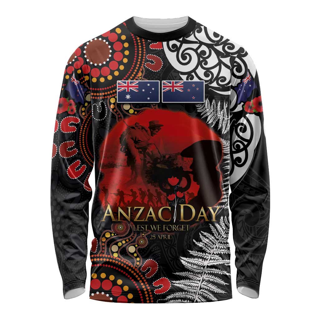 Australia and New Zealand ANZAC Day Long Sleeve Shirt Aboriginal and Maori Art Pattern - Gallipoli Lest We Forget LT03 Unisex Black - Polynesian Pride