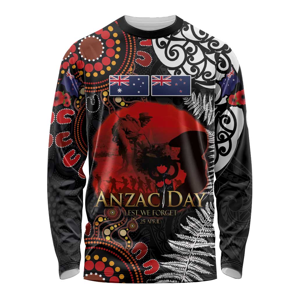 Australia and New Zealand ANZAC Day Long Sleeve Shirt Aboriginal and Maori Art Pattern - Gallipoli Lest We Forget