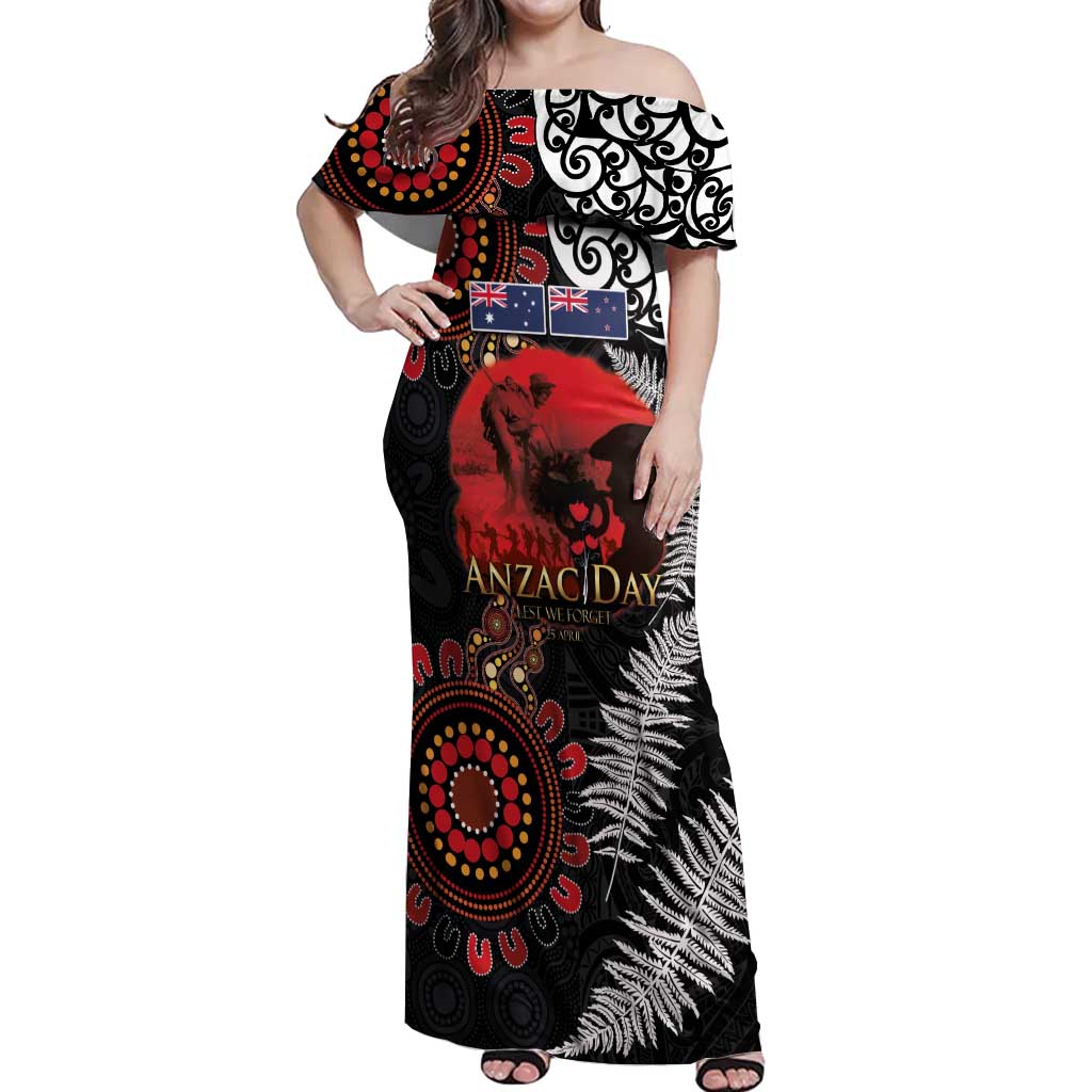 Australia and New Zealand ANZAC Day Off Shoulder Maxi Dress Aboriginal and Maori Art Pattern - Gallipoli Lest We Forget