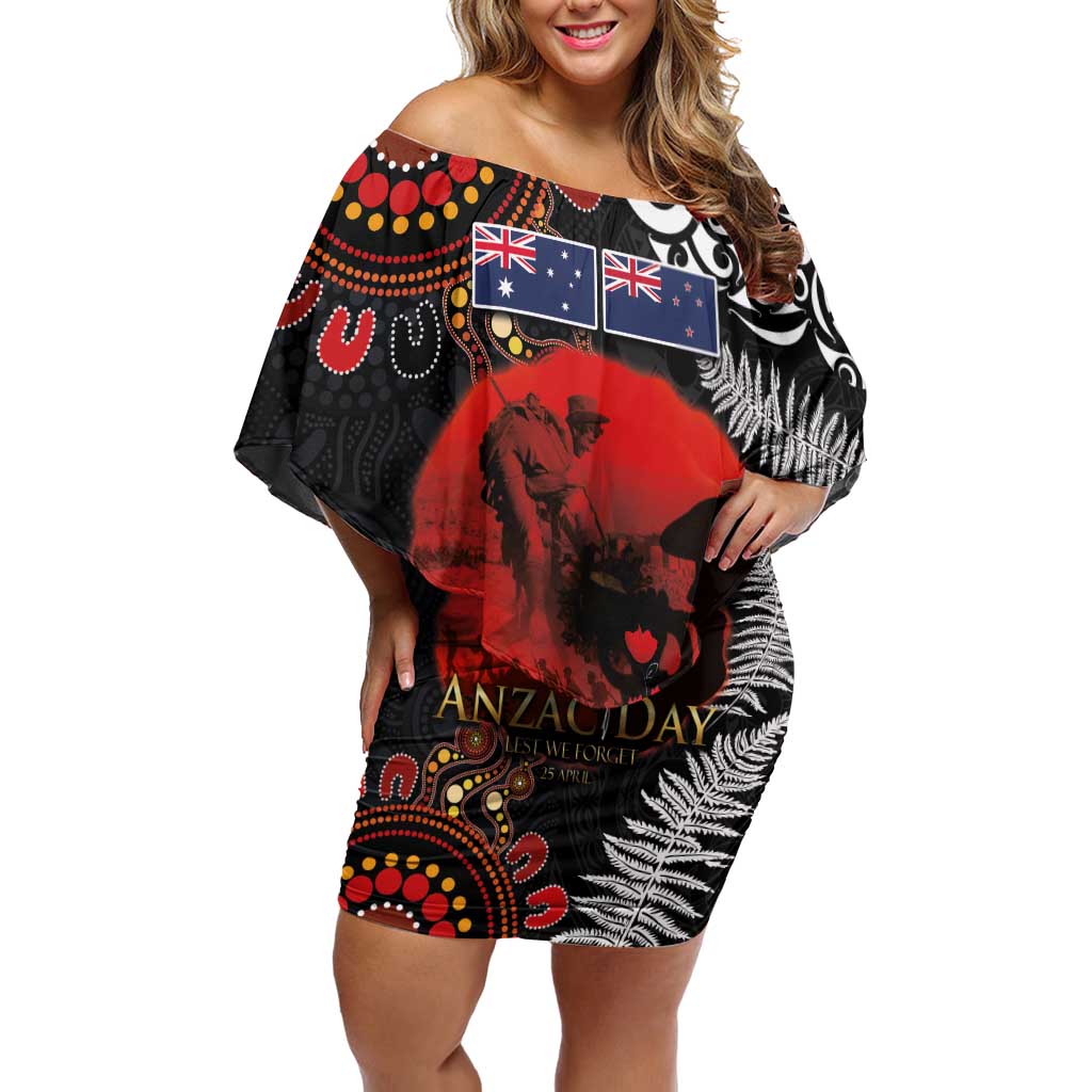 Australia and New Zealand ANZAC Day Off Shoulder Short Dress Aboriginal and Maori Art Pattern - Gallipoli Lest We Forget