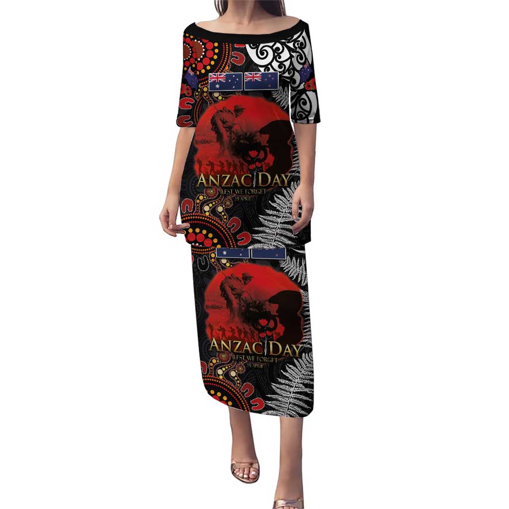 Australia and New Zealand ANZAC Day Puletasi Aboriginal and Maori Art Pattern - Gallipoli Lest We Forget LT03 Long Dress Black - Polynesian Pride