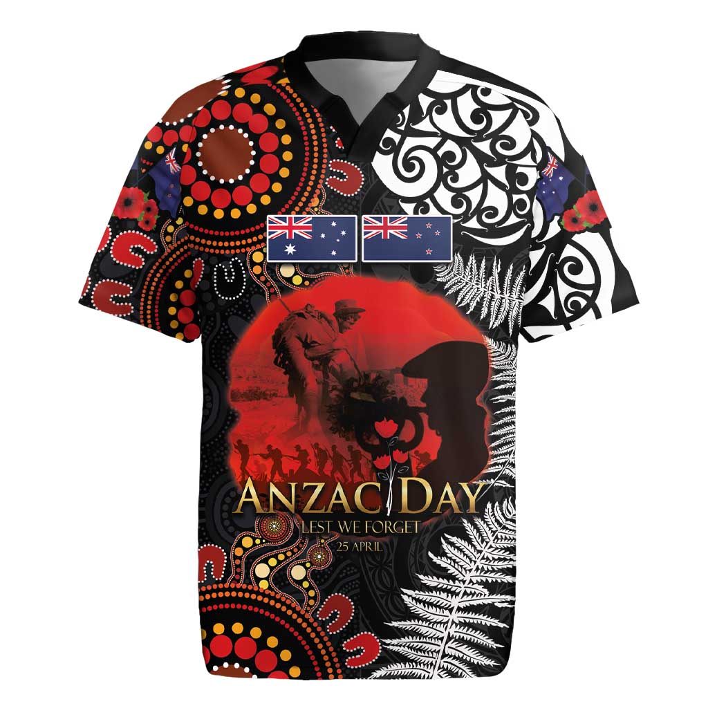 Australia and New Zealand ANZAC Day Rugby Jersey Aboriginal and Maori Art Pattern - Gallipoli Lest We Forget