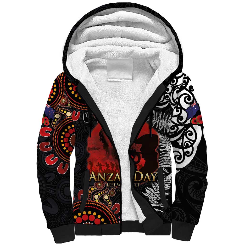 Australia and New Zealand ANZAC Day Sherpa Hoodie Aboriginal and Maori Art Pattern - Gallipoli Lest We Forget