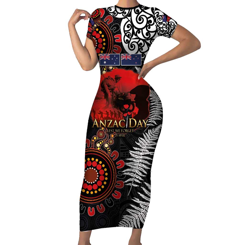 Australia and New Zealand ANZAC Day Short Sleeve Bodycon Dress Aboriginal and Maori Art Pattern - Gallipoli Lest We Forget