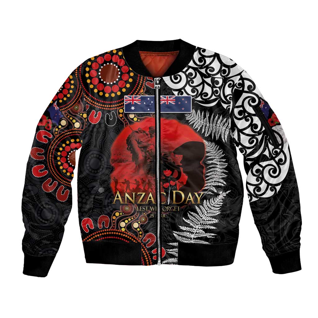 Australia and New Zealand ANZAC Day Sleeve Zip Bomber Jacket Aboriginal and Maori Art Pattern - Gallipoli Lest We Forget