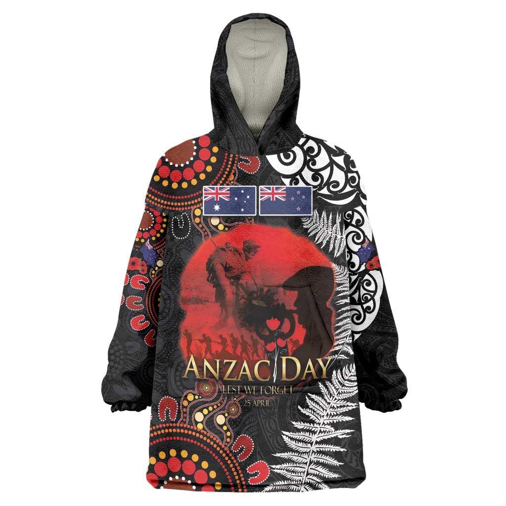 Australia and New Zealand ANZAC Day Wearable Blanket Hoodie Aboriginal and Maori Art Pattern - Gallipoli Lest We Forget LT03 One Size Black - Polynesian Pride