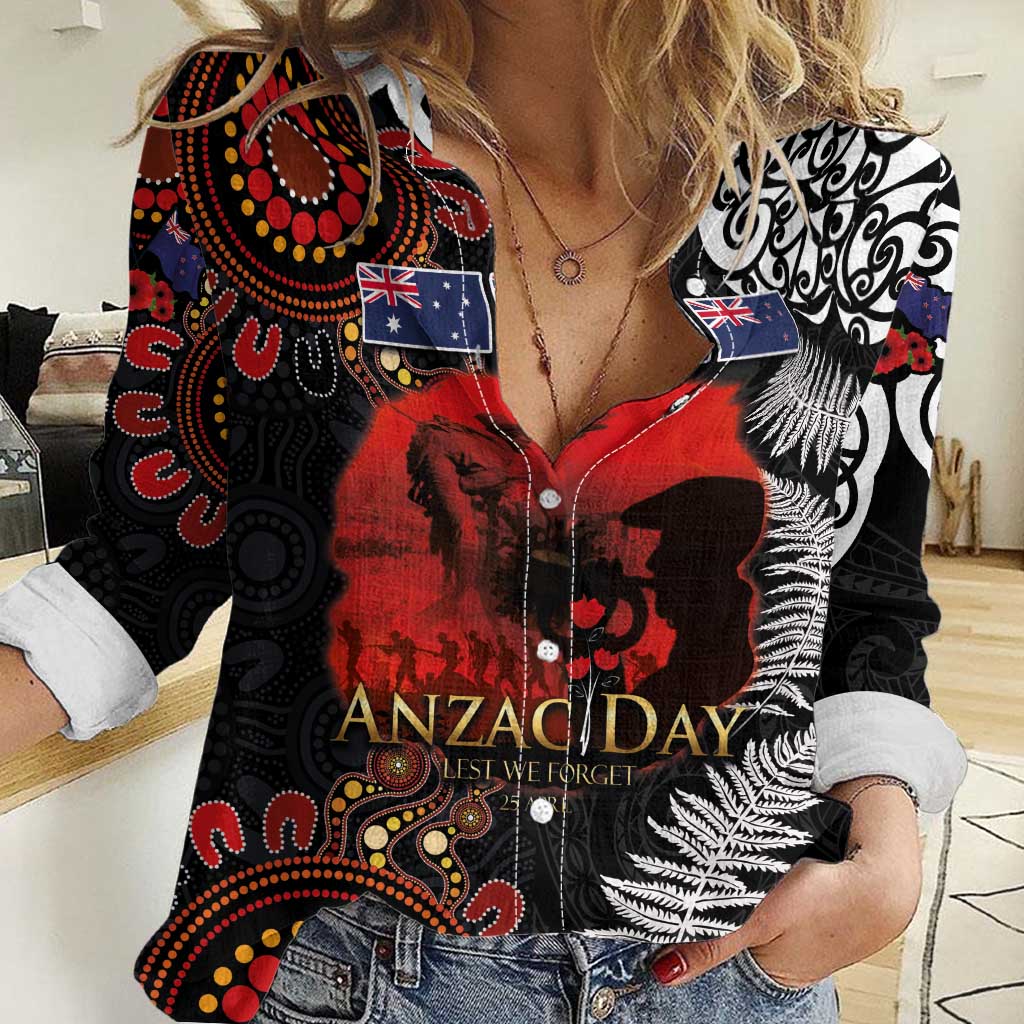 Australia and New Zealand ANZAC Day Women Casual Shirt Aboriginal and Maori Art Pattern - Gallipoli Lest We Forget